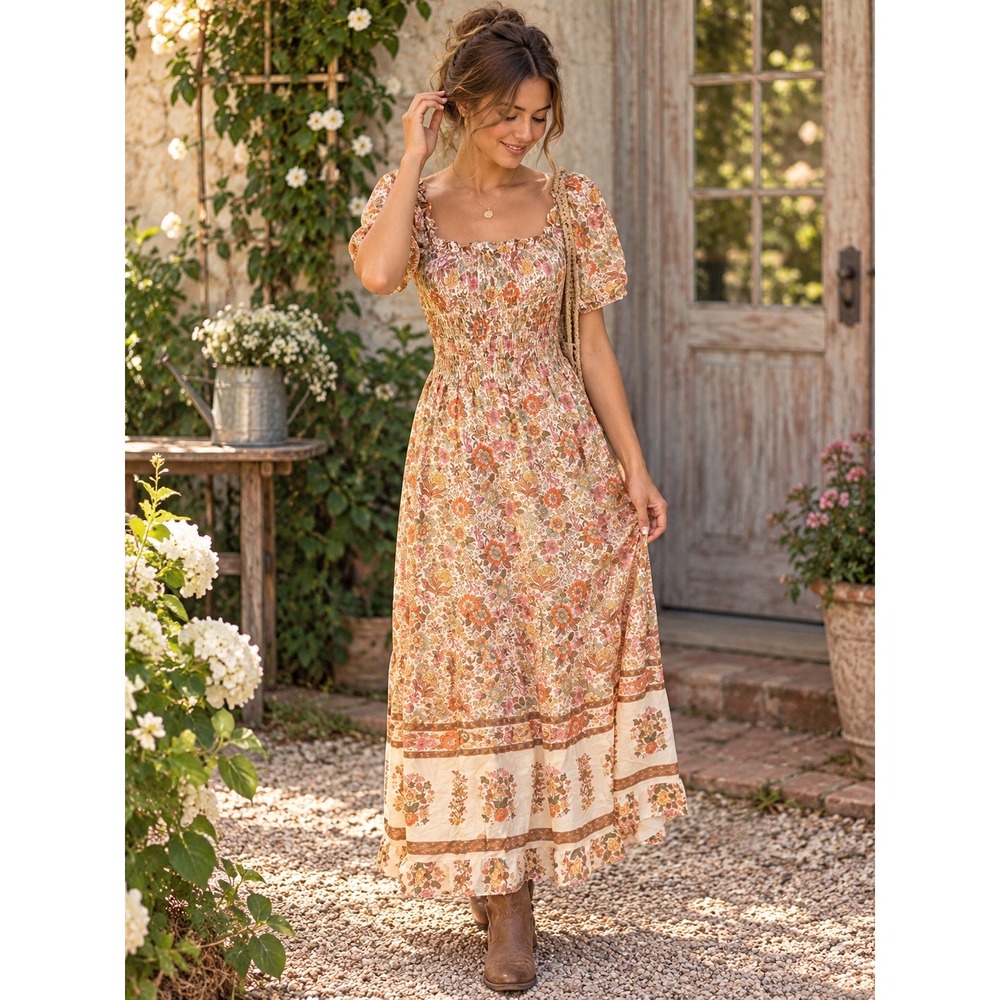 NWT Kindred Petite S Floral Smocked Maxi Dress Cottagecore Boho Prairie